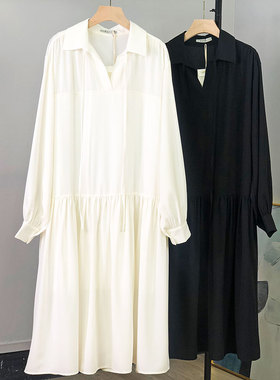 WUZHI秋季新款77209宽松长袖中长款雪纺裙复古气质大码连衣裙女