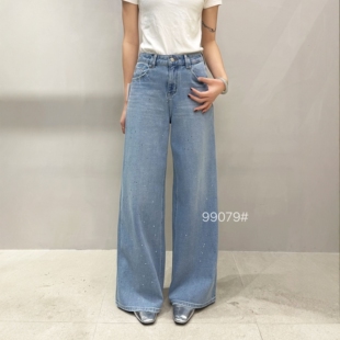 MA复古蓝色阔腿牛仔裤女2026春高腰宽松亮闪闪亮片直筒长裤99079