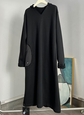 MACQNF秋冬款59262黑色套头连帽长款连衣裙MQ宽松加绒卫衣裙大码