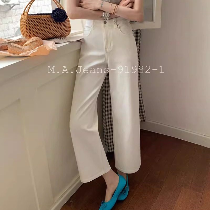 MA牛仔裤91982-1夏款白色四面弹九分奶奶裤女高腰小个子阔腿裤
