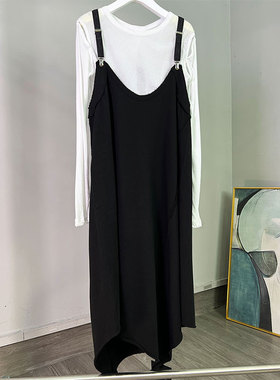 MACQNF春季新款59501黑色套头不规则吊带裙女MQ中长款大码背带裙