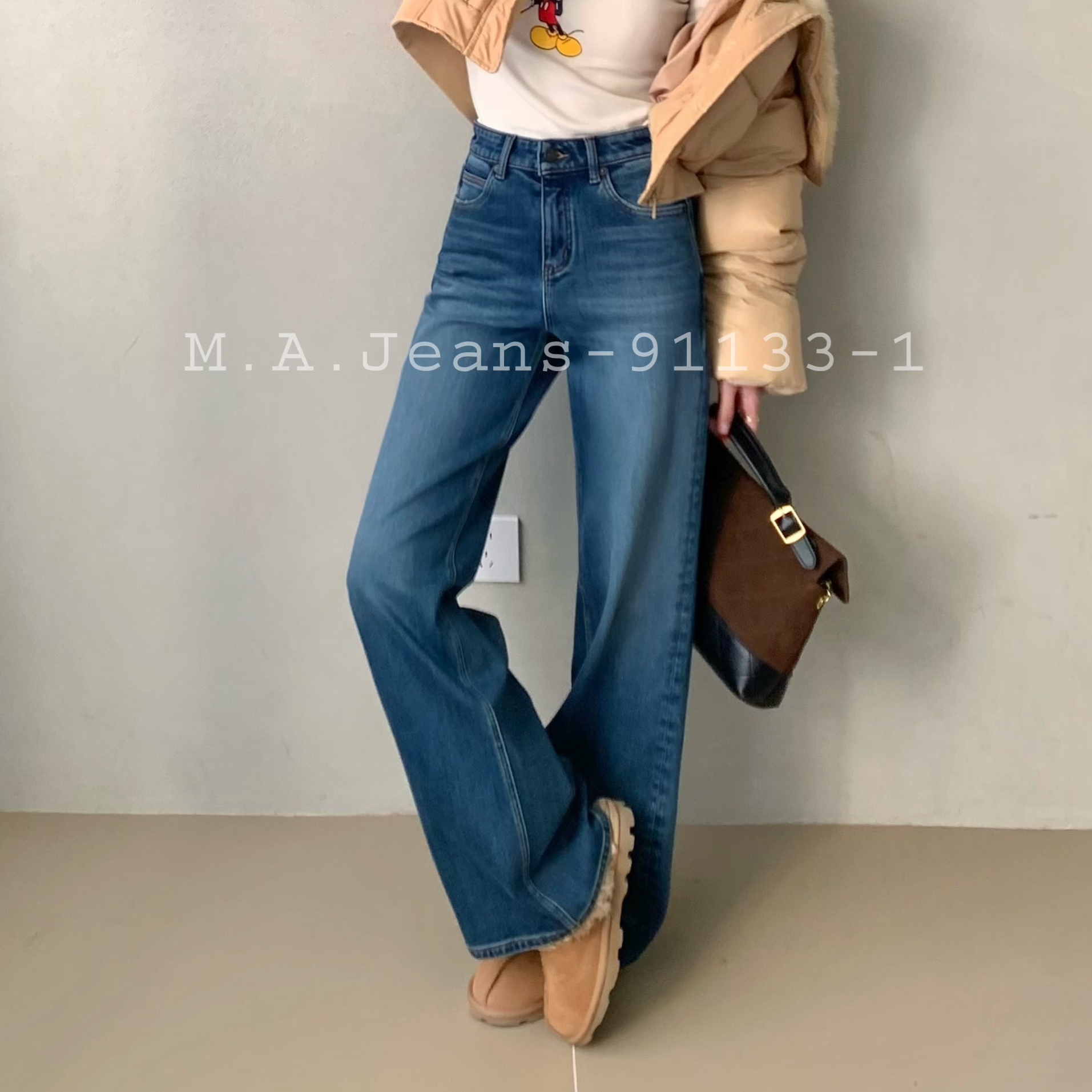 MA牛仔裤女91133-1加绒美式风高腰蓝色长裤复古显瘦四面弹阔腿裤