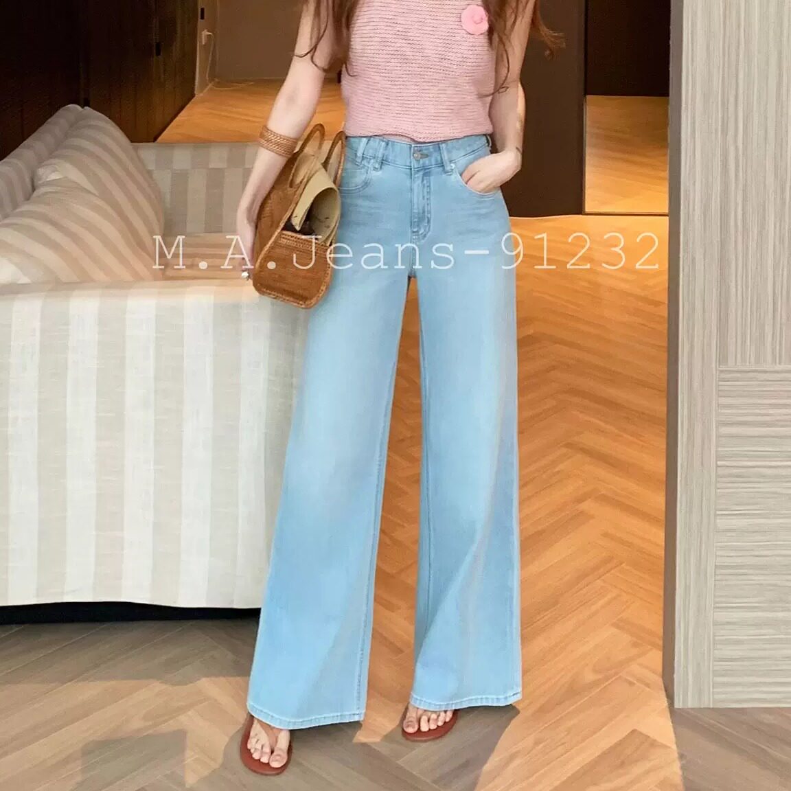 MA牛仔裤91232三衣复古高腰夏薄款浅蓝色宽松直筒四面弹阔腿裤女