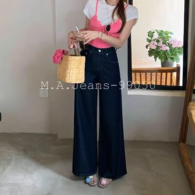 MA牛仔裤女2025夏季新款99050半松紧腰宽松显瘦普洗蓝阔腿裤