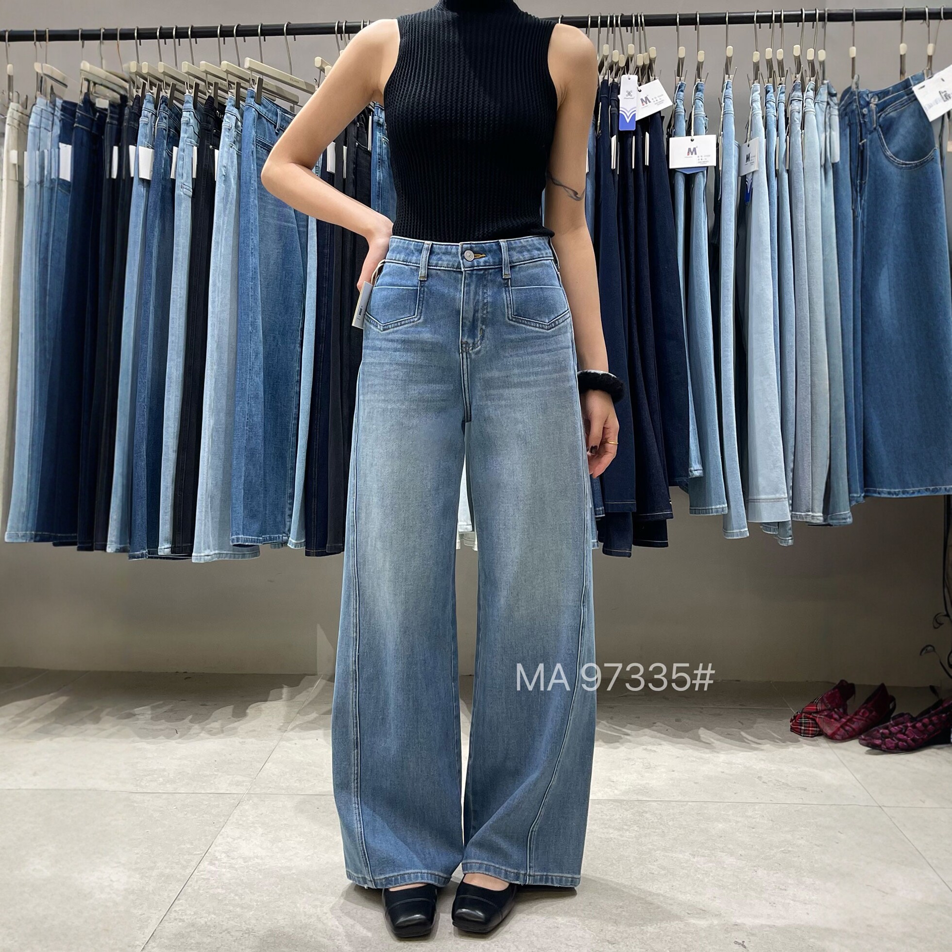 MA牛仔裤女97335宽松显瘦四面弹2026春款高腰蓝色显瘦拖地阔腿裤