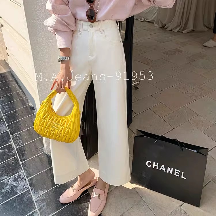 MA牛仔裤女2025春夏91953显瘦直筒气质米白色四面弹九分奶奶裤