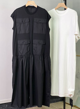 MACQNF新款21186宽松无袖套头多口袋连衣裙MQ中长裙黑色裙子夏酷