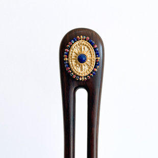 饰双齿黑檀木发簪 异域风波西米亚米珠蓝金装 DURIAN ACC原创设计