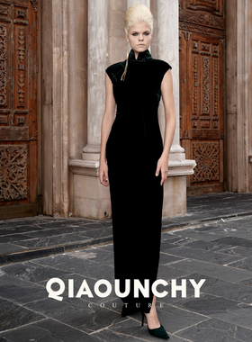 帝王绿 QIAOUNCHY俏云曦 | 真丝丝绒斜襟盘扣经典立裁旗袍连衣裙