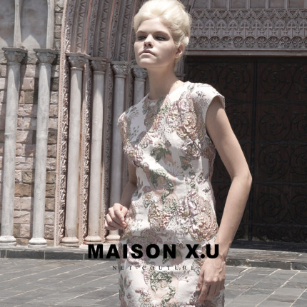 欧洲进口提花 MAISON X.U｜粉金法式立裁高腰连肩连衣裙春夏新品