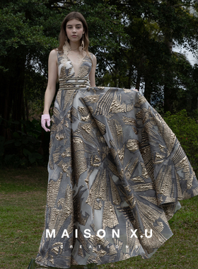 欧洲进口浮雕提花 MAISON X.U｜法式高级定制灰金复古大礼服裙