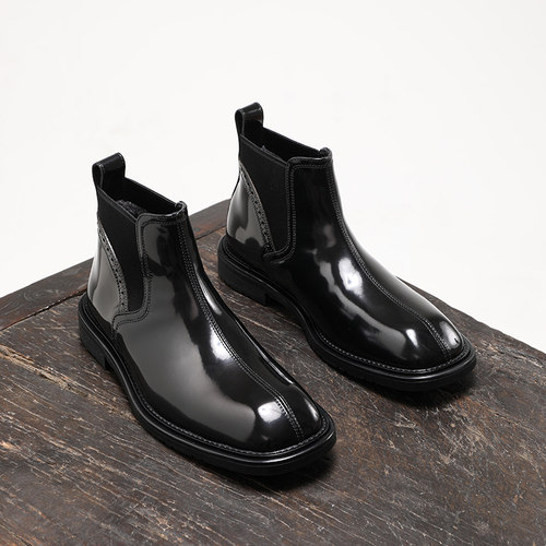 设计师款方头亮面切尔西靴