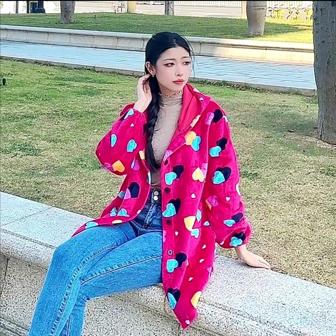 5钻绝美霓虹炫彩罩衣洋气时尚法兰绒厚女工作服防寒加大保暖围裙