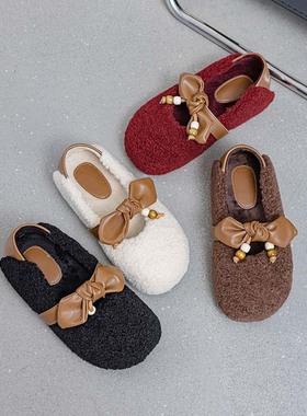 9728蝴蝶结懒人一脚蹬毛毛鞋女2026秋冬新款两穿休闲玛丽珍豆豆鞋