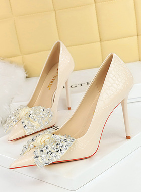 3391-H9韩版时尚宴会高跟鞋细跟超高跟浅口尖头水钻蝴蝶结单鞋女