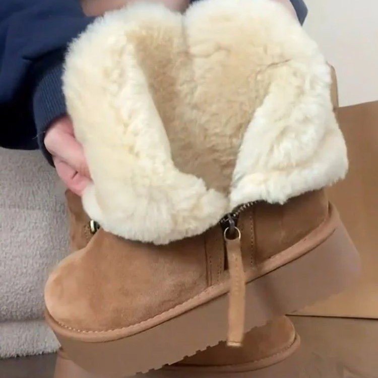 东北加绒加厚棉靴子新款保暖皮毛一体短筒厚底雪地靴女侧拉链