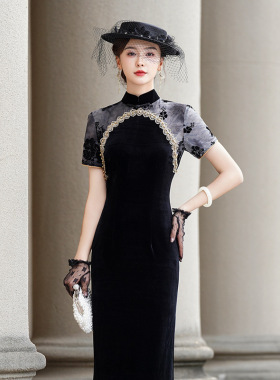 黑色旗袍新款夏季女士日常妈妈大码礼仪女新中式国风改良长款礼服