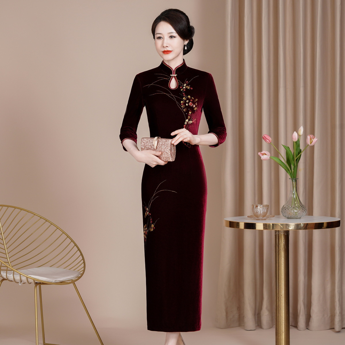 复古春秋装婚宴妈妈旗袍裙长袖
