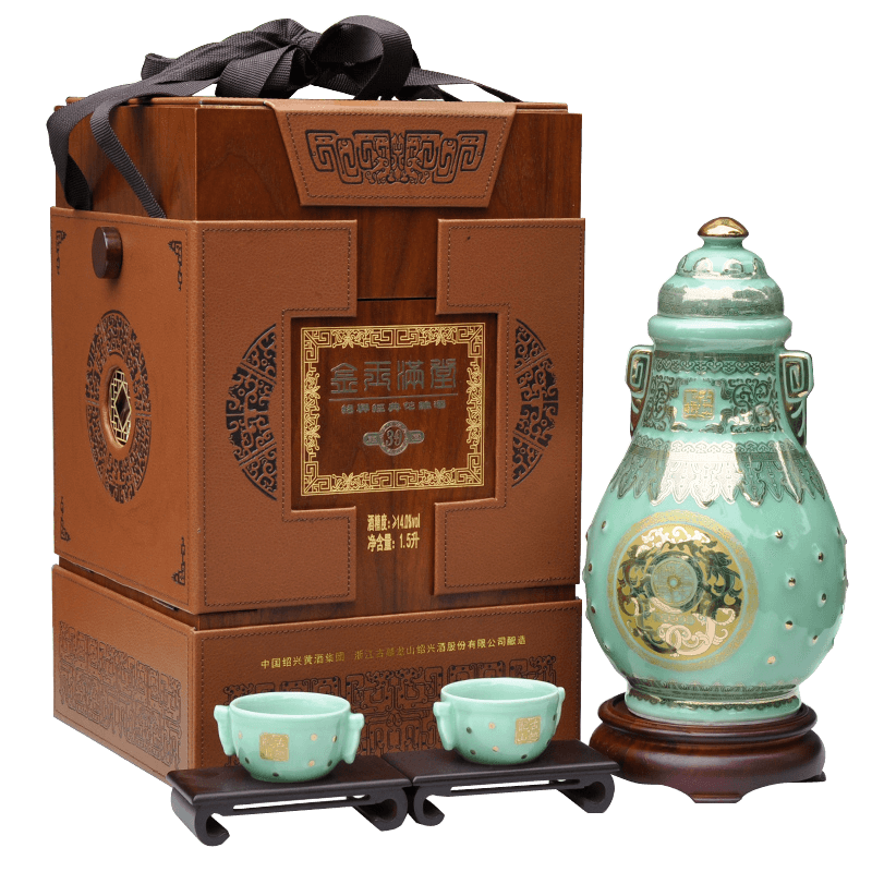 绍兴黄酒 古越龙山 三十年陈库藏花雕酒 金玉满堂 皮质礼盒 1.5L