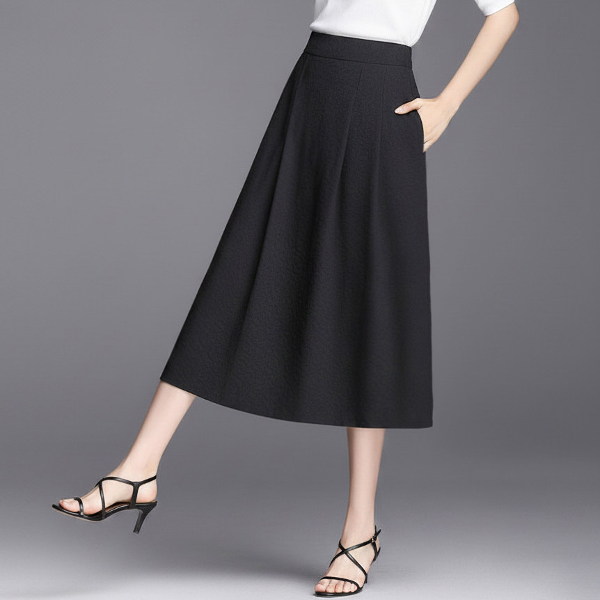 夏季中长款遮肚子亚麻雪纺有口袋高腰松紧腰a字裙垂感半身裙女夏