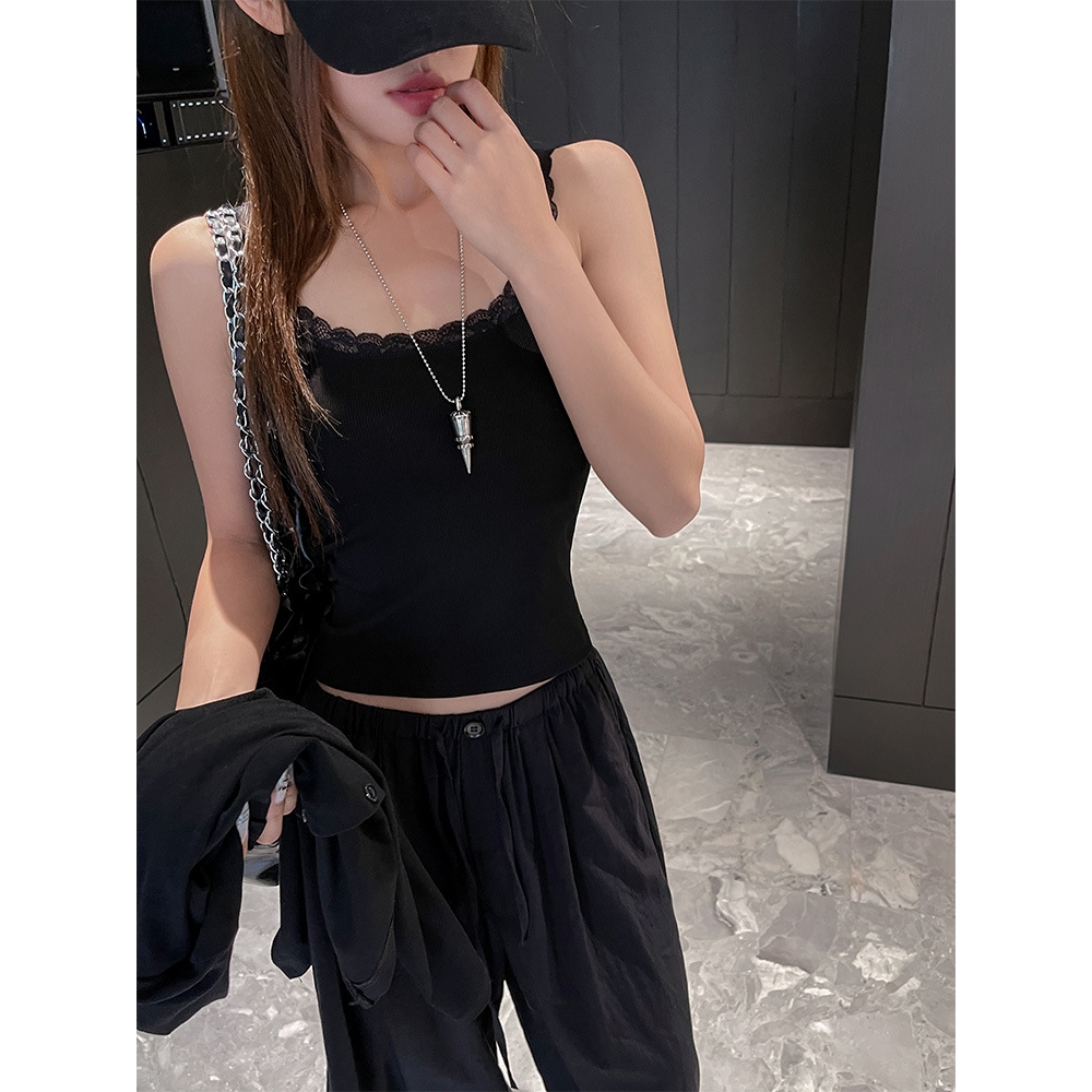 夏季蕾丝花边无袖圆领吊带小背心女小众设计感纯欲风性感气质上衣