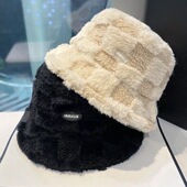 毛绒秋冬格纹渔夫帽女加厚保暖防寒风盆帽字母大头围显脸小水桶帽