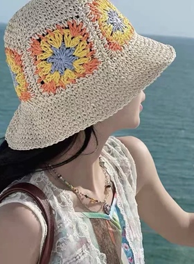 多巴胺撞色花朵草帽女款