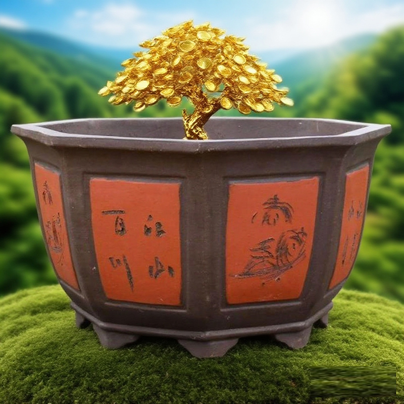 特大号紫砂陶瓷六角庭院盆景花盆