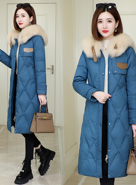 羽绒服女2024年冬季爆款时尚修身中长款过膝白鸭绒加厚外套大毛领