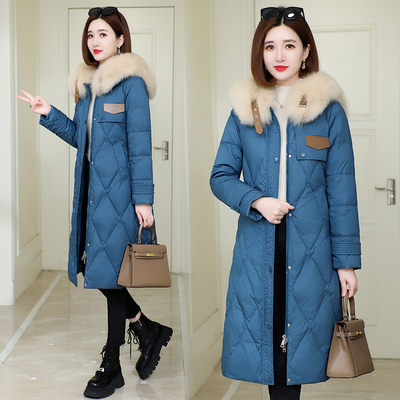 羽绒服女2024年冬季爆款时尚修身中长款过膝白鸭绒加厚外套大毛领