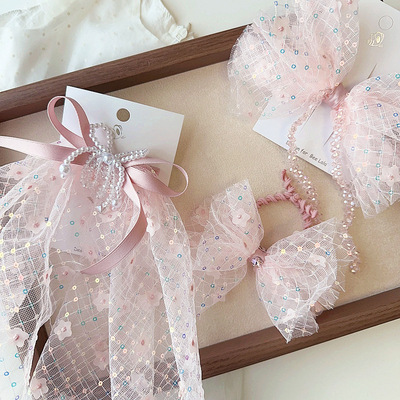 新款公主风粉色亮片格纹网纱发夹