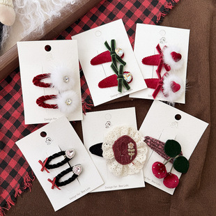 新款 BB夹流海夹发饰 圣诞风红色系丝绒樱桃爱心毛球蝴蝶结儿童对装