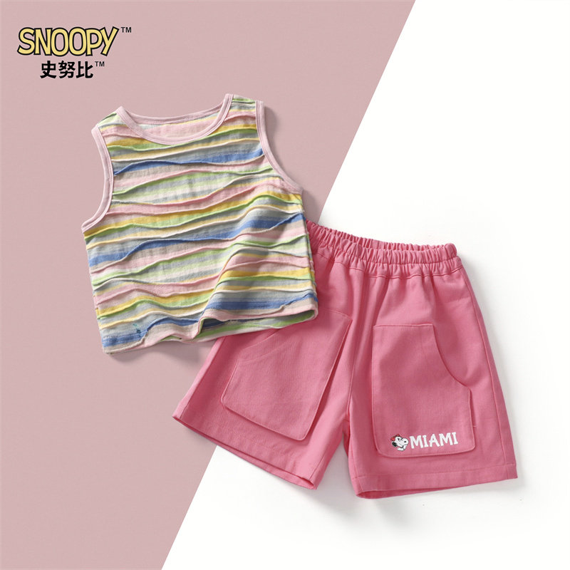 史努比正品休闲女童宝宝薄款夏季新款彩条背心五分工装裤套装