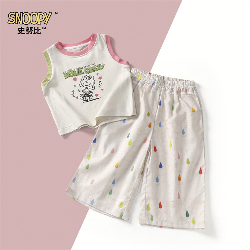 史努比正品童装女童宝宝夏季卡通动漫套头背心水滴阔腿裤薄款套装