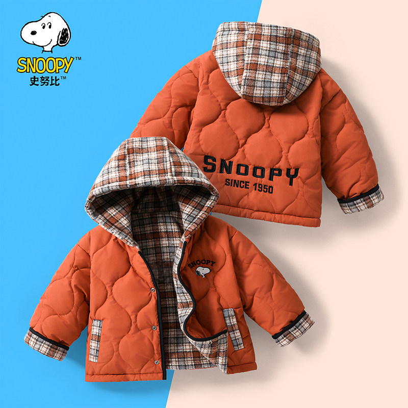 Snoopy/史努比冬季男童加厚绗棉格子两面穿棉服外套