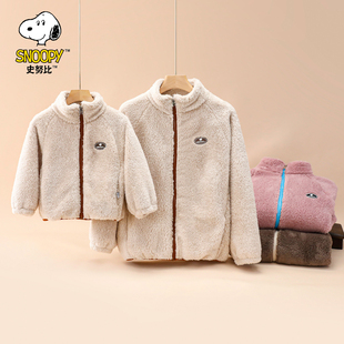 史努比亲子装童装姐弟装双面一体羊羔绒摇粒外套女童宝宝保暖男童