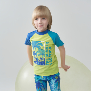 爱慕儿童泳衣男孩男童短袖 沙滩轻薄小高领拉链高弹专业游泳上衣