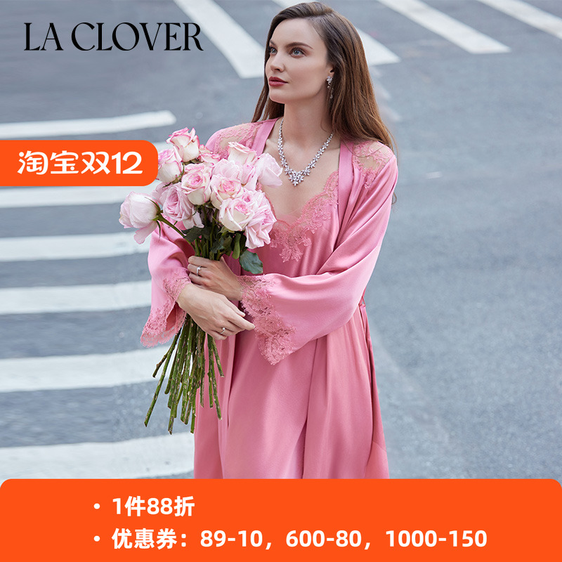 兰卡问女士性感刺绣真丝家居睡袍