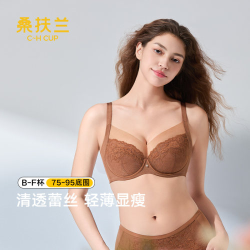 桑扶兰大胸显小内衣水晶杯小Y领防凸点防下垂性感蕾丝全罩杯文胸