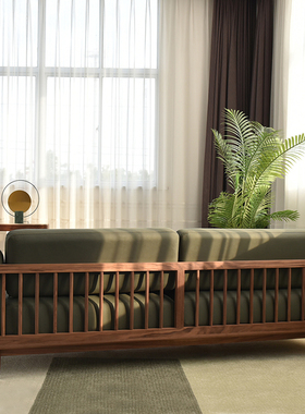 日式新中式布艺全实木沙发北欧意式侘寂简约双人三人黑胡桃木沙发