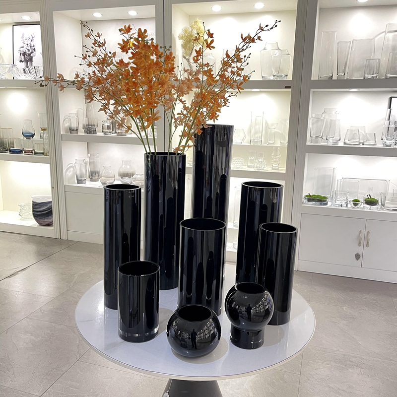 简约现代直筒黑色玻璃花瓶酒店大堂桌面黑色组合花器居家鲜花花瓶
