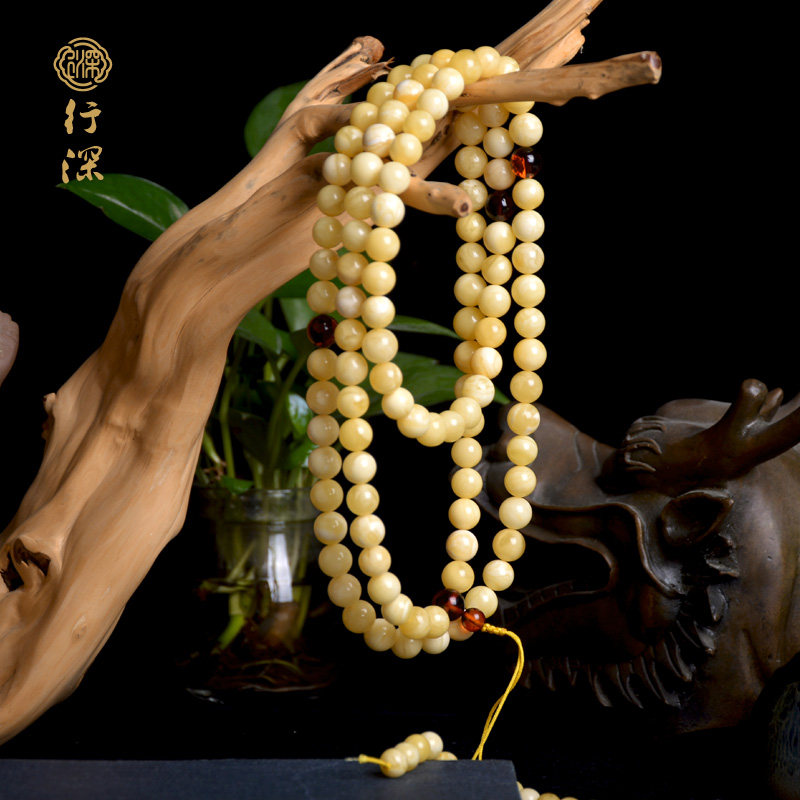 行深【一物一证】天然蜜蜡琥珀手串男女款乌料白花长链蜜蜡手珠