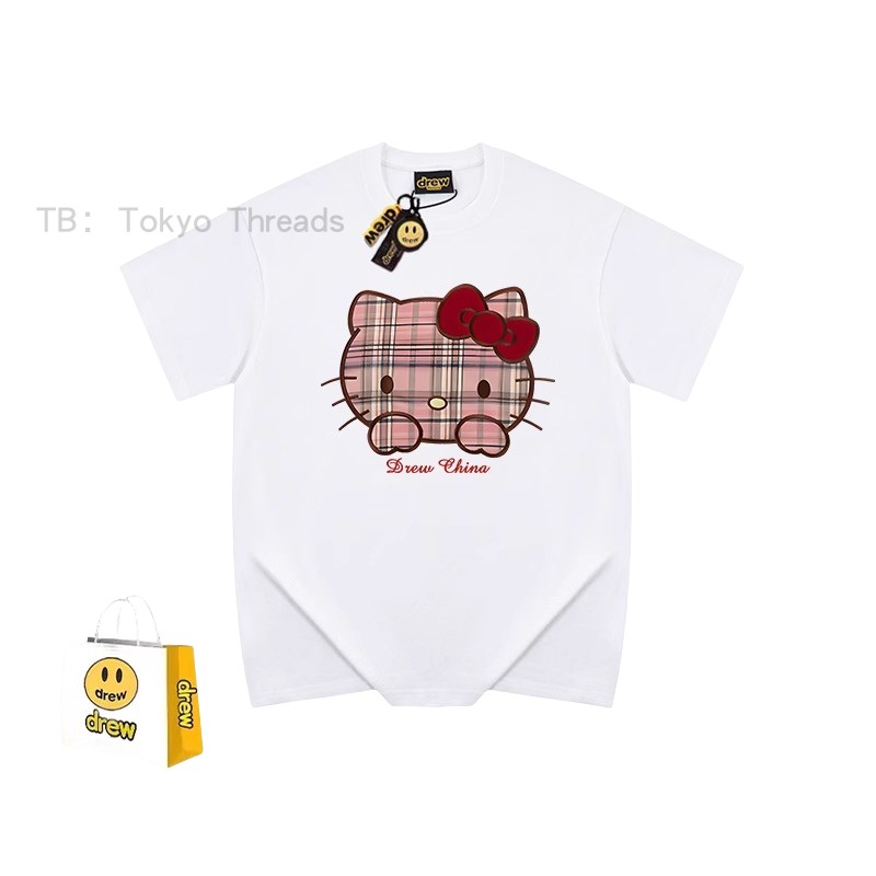 DREW*25SS 高街潮牌格子HelloKitty宽松休闲短袖T恤