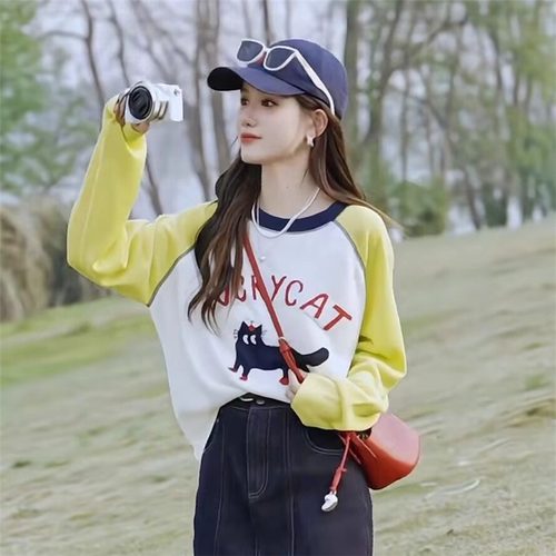WHISPER*25AW小众潮牌联名休闲圆领防晒拼色猫咪长袖T恤女