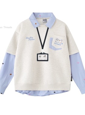 WHISPER*25AW小众潮牌联名小猫刺绣翻领拼接polo衫休闲长袖卫衣