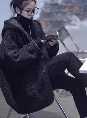 WHISPER*25AW小众潮牌联名高级感夹棉加厚黑色连帽羊羔毛外套