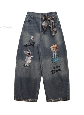 WHISPER*25AW小众潮牌联名拼接猫和老鼠刺绣宽松休闲阔脚牛仔长裤