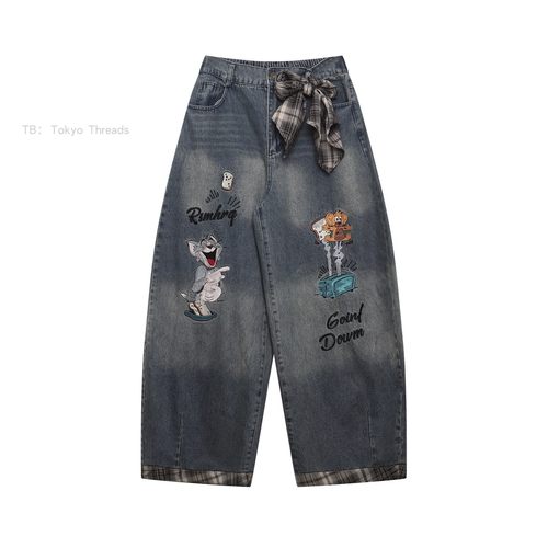 WHISPER*25AW小众潮牌联名拼接猫和老鼠刺绣宽松休闲阔脚牛仔长裤