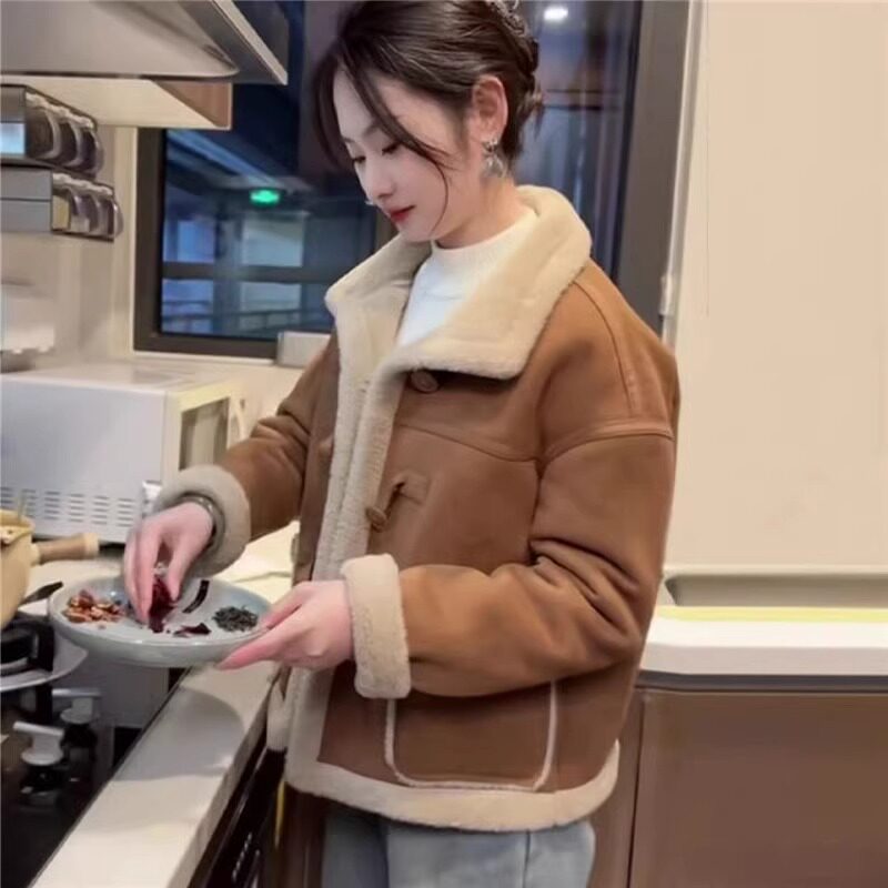 WHISPER*25AW小众潮牌联名加厚麂皮绒皮毛一体羊羔毛外套