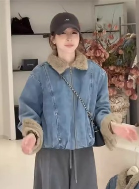 WHISPER*25AW小众潮牌联名百搭拼接加绒加厚立领短款牛仔外套女